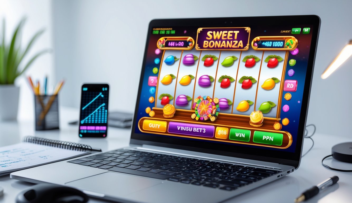 Seorang pemain judi online sedang menggunakan komputer dengan tampilan permainan Sweet Bonanza di layar, dikelilingi oleh alat tulis dan ponsel yang menunjukkan data strategi menang.