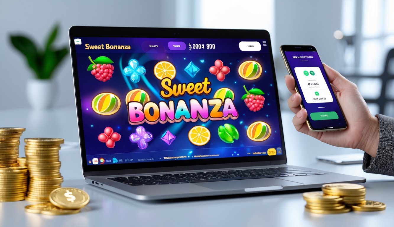 Seorang pengguna menggunakan laptop dengan layar menampilkan permainan slot Sweet Bonanza, di meja terdapat ponsel dengan notifikasi pembayaran berhasil dan tumpukan koin.