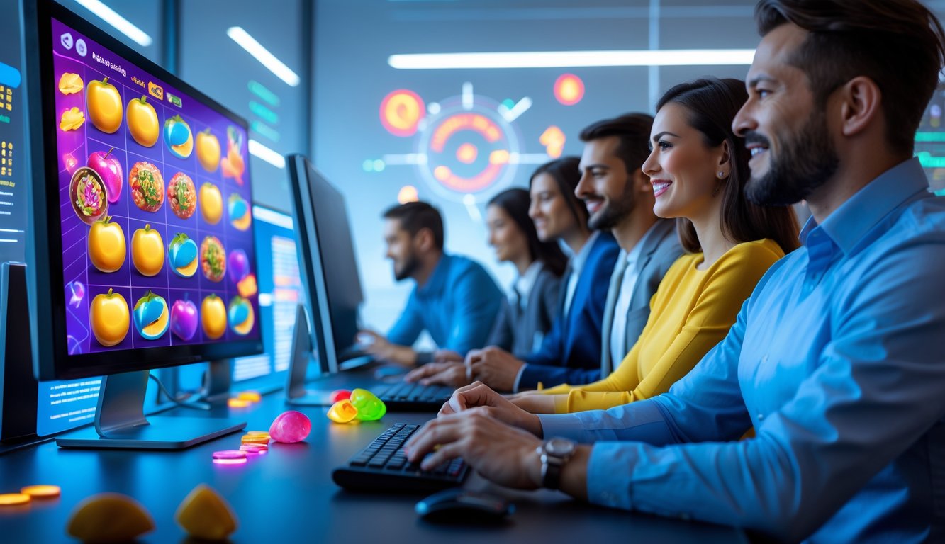 Sekelompok orang bekerja di kantor modern dengan layar komputer menampilkan permainan judi online warna-warni.