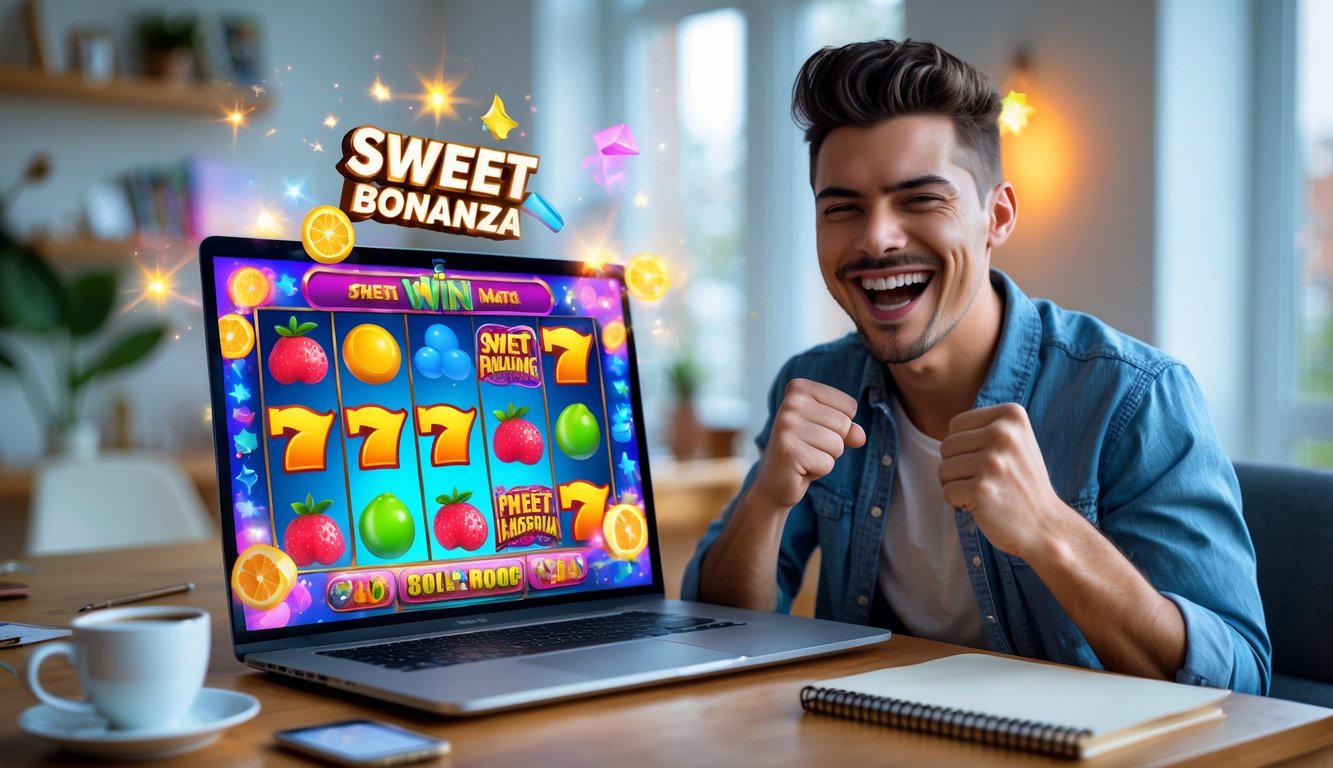 Seorang pria muda tersenyum gembira sambil bermain permainan slot online di laptop di ruang kerja rumah yang nyaman.