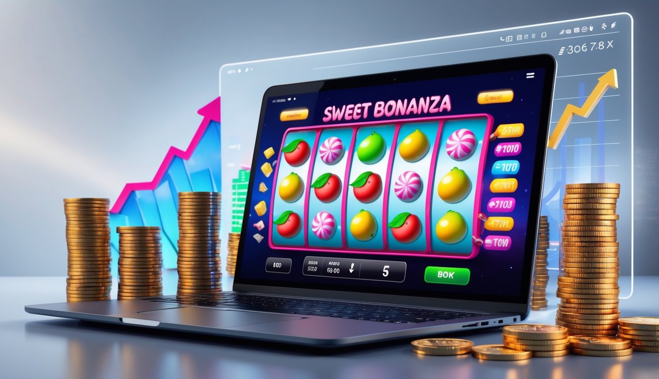 Seorang pengguna sedang bermain mesin slot Sweet Bonanza di layar komputer dengan simbol permen dan buah, dikelilingi oleh tumpukan koin dan grafik keuntungan.