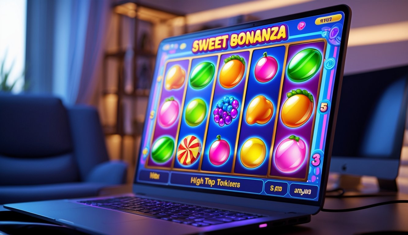 Sebuah layar komputer menampilkan permainan mesin slot bertema permen berwarna-warni di ruang kerja modern yang nyaman.