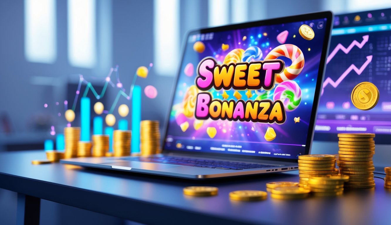 Seorang pengguna komputer di meja kerja dengan layar menampilkan permainan slot bertema permen warna-warni dan grafik kemenangan di latar belakang kantor modern.