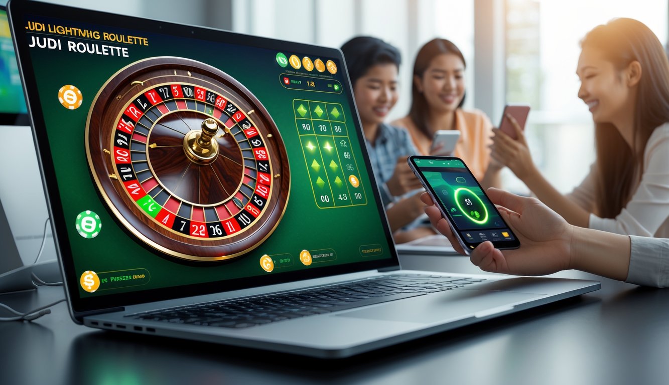 Seorang pemain menggunakan laptop dan ponsel untuk bermain roulette online dengan tampilan roda roulette yang berputar di layar.