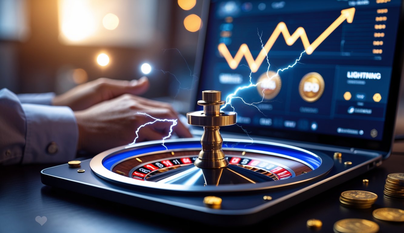 Sebuah meja kasino online dengan roda roulette digital yang diterangi efek petir, menampilkan layar laptop dengan antarmuka permainan modern.
