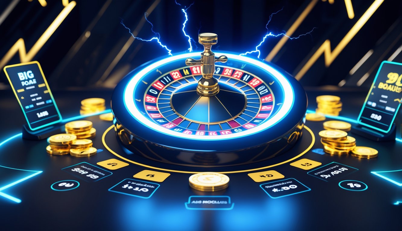 Tampilan meja roulette online dengan efek petir dan antarmuka taruhan di latar belakang gelap yang mewah.