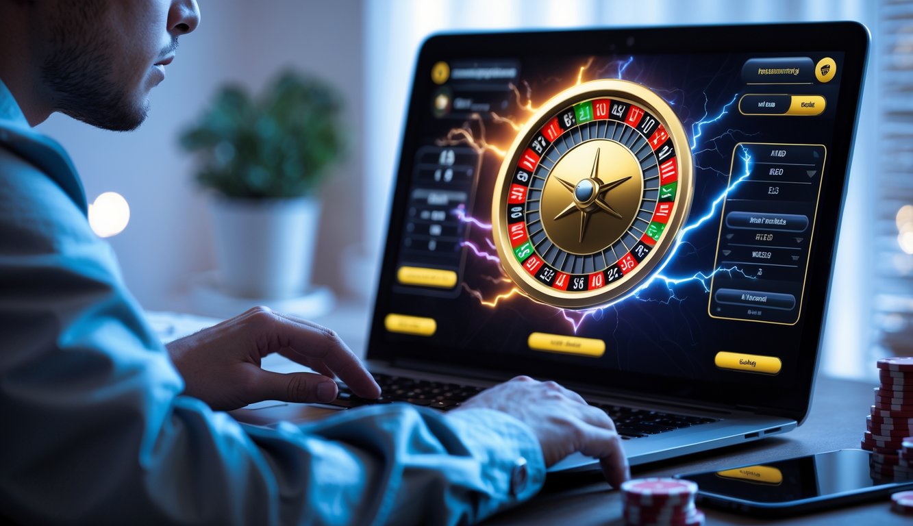 Seorang pemain fokus bermain roulette online di depan laptop dengan roda roulette berwarna cerah dan efek petir di layar.