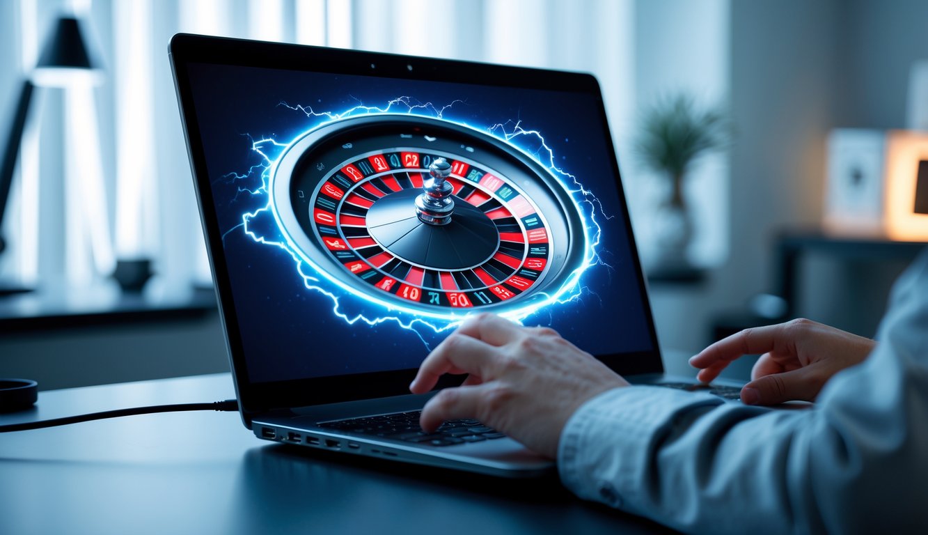 Seorang pemain sedang menggunakan laptop yang menampilkan roda roulette digital dengan efek petir di ruangan yang terang dan rapi.