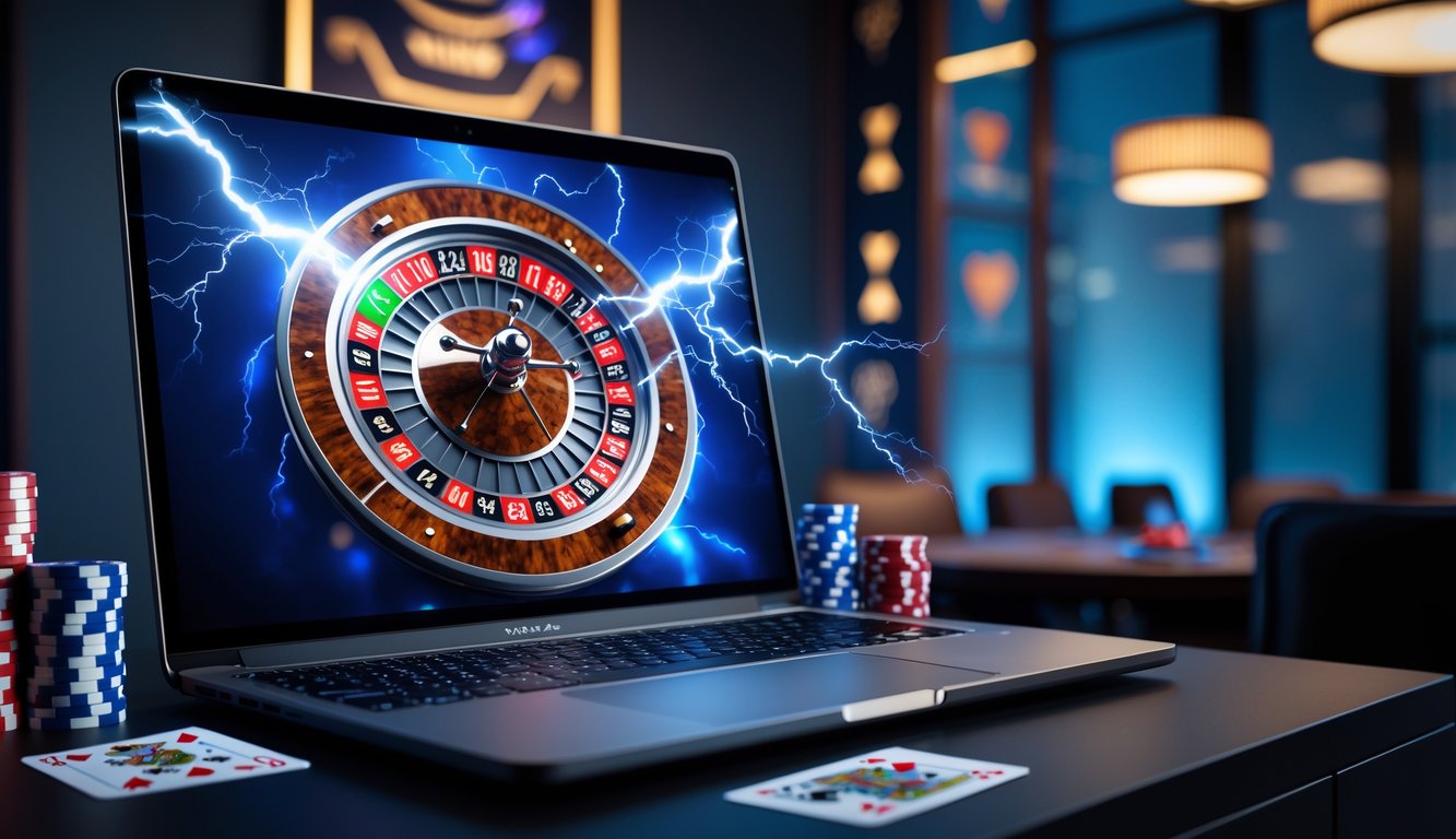 Sebuah meja dengan komputer menampilkan roda roulette digital dengan efek petir, dikelilingi oleh chip poker dan kartu remi di ruangan dengan pencahayaan redup.