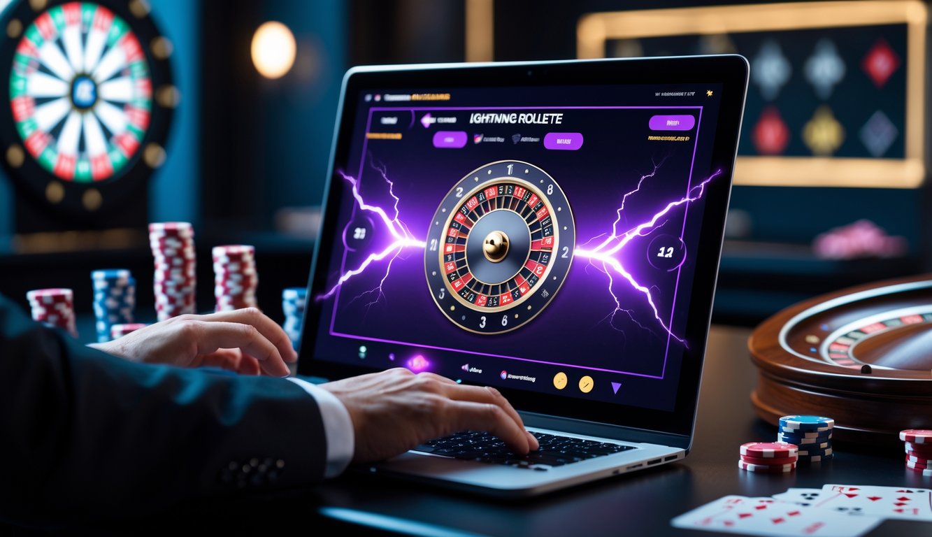 Tangan seseorang sedang bermain permainan Lightning Roulette online di layar komputer dengan latar belakang elemen kasino yang samar.