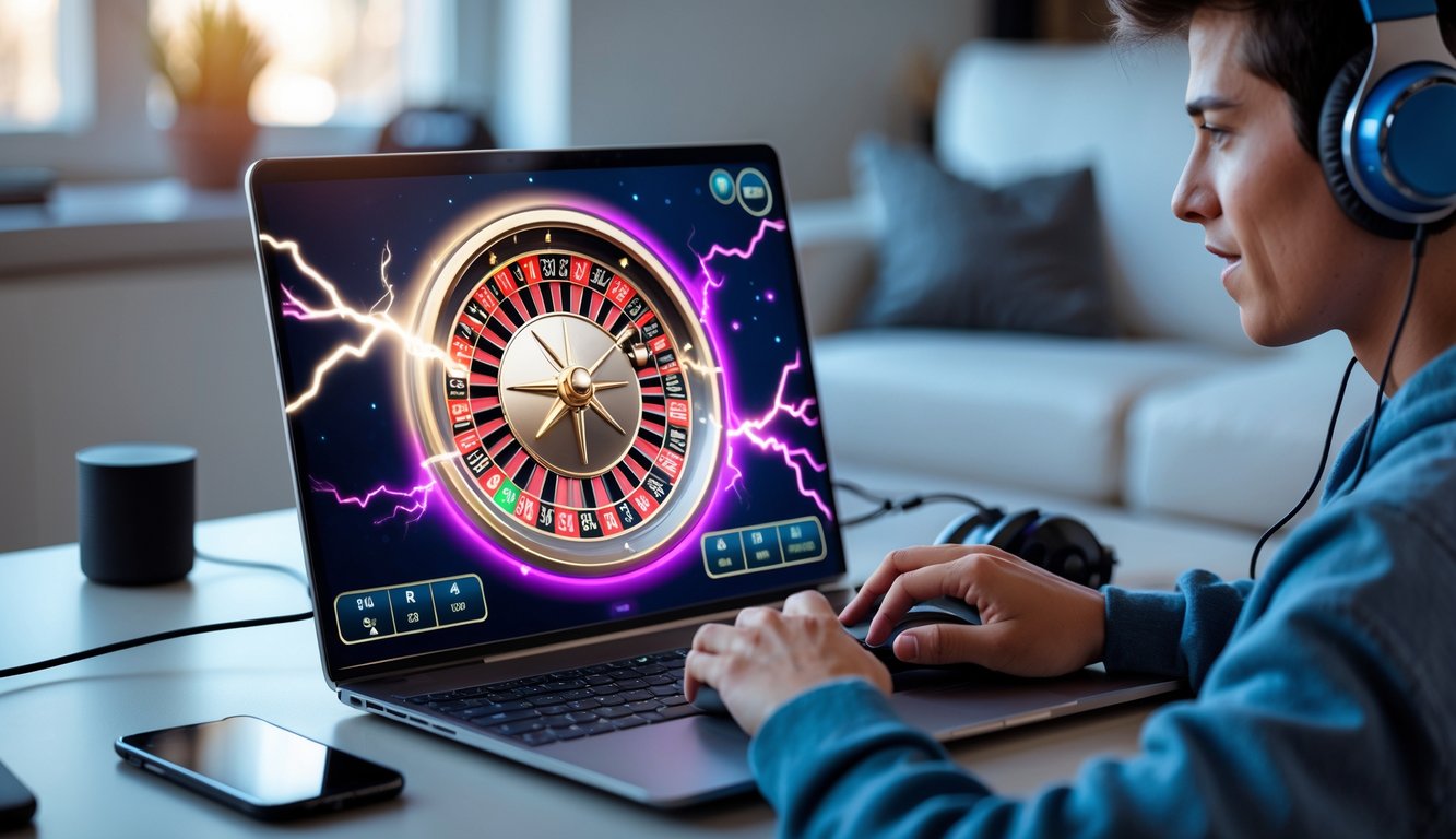 Seorang pemain muda sedang bermain roulette online di depan komputer dengan latar ruangan rumah yang terang.