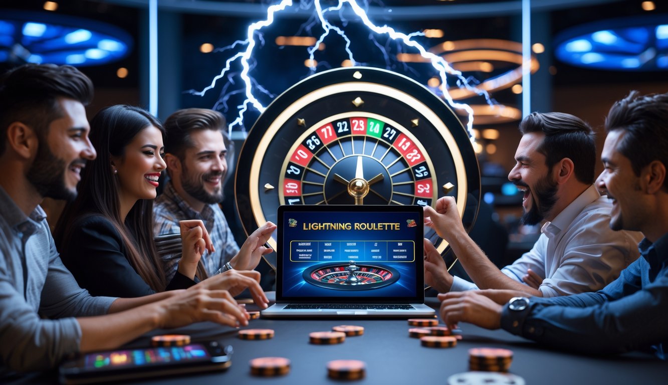 Beberapa orang bermain permainan roulette online dengan roda roulette digital yang menyala dan efek petir di layar perangkat mereka.