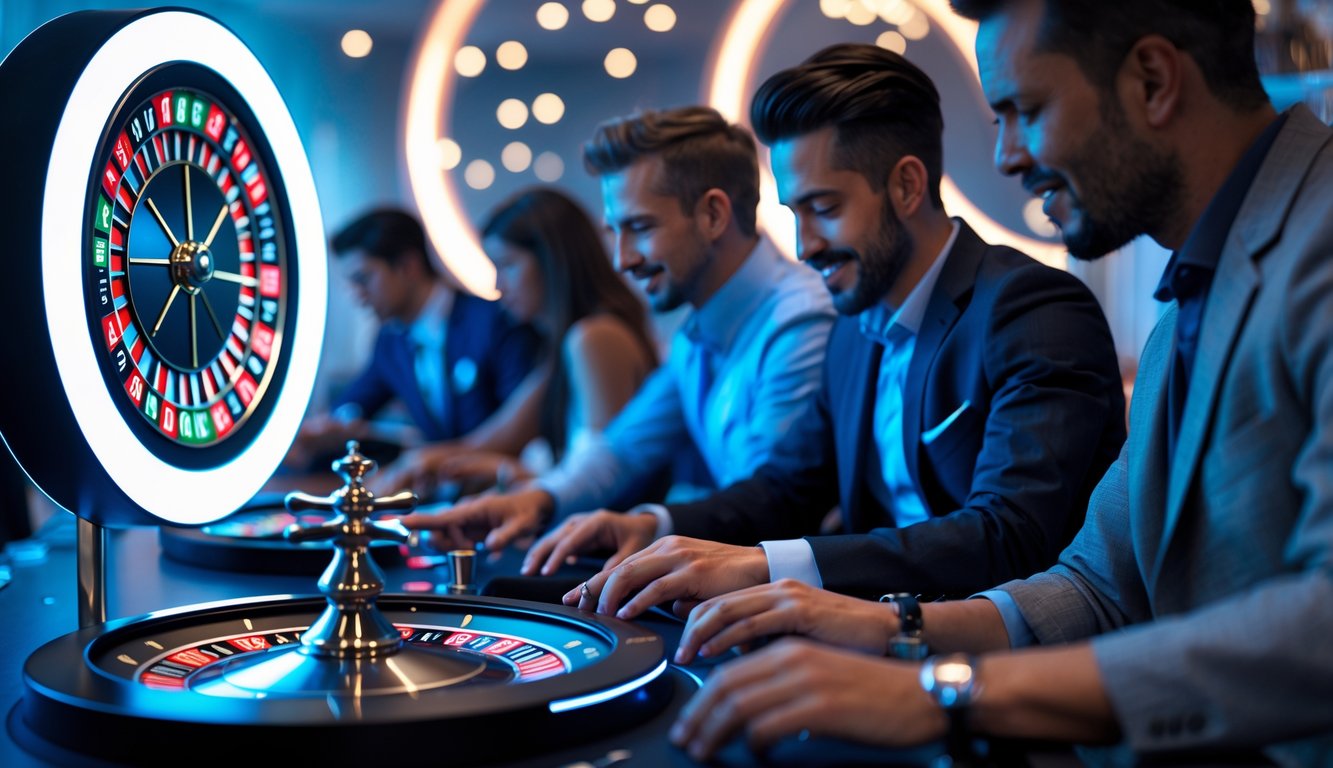 Orang-orang bermain roulette online dengan latar belakang roda roulette digital yang menyala dan efek petir.