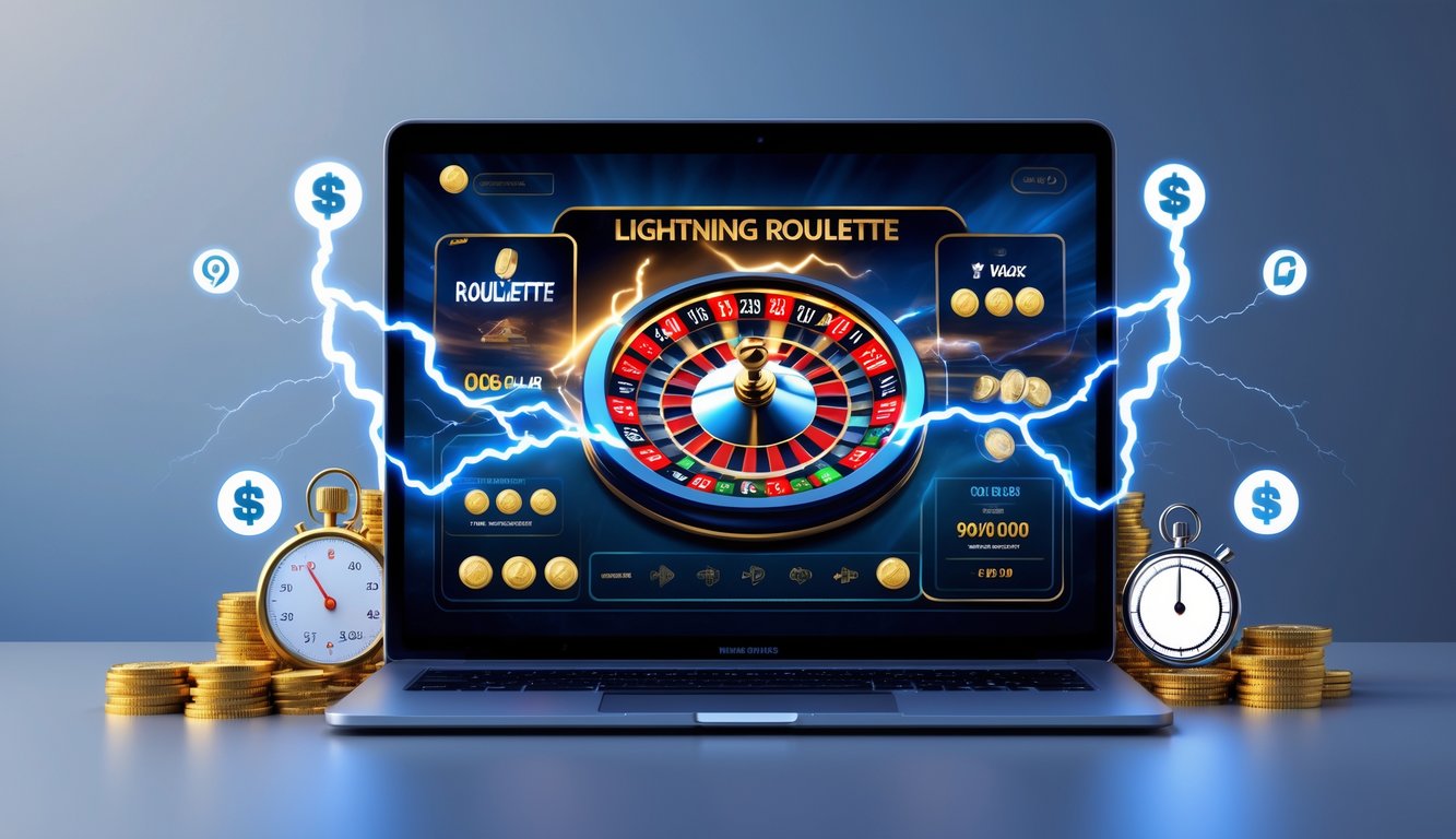 Sebuah layar komputer menampilkan permainan Lightning Roulette online dengan roda roulette yang menyala dan efek petir, dikelilingi oleh simbol transaksi cepat dan elemen terkait judi daring.