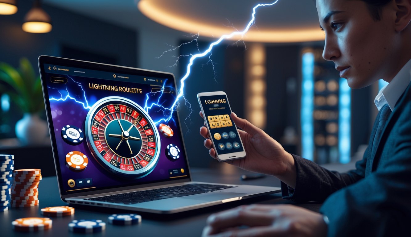 Seseorang menggunakan laptop dan ponsel untuk bermain Lightning Roulette online di ruang kerja modern.