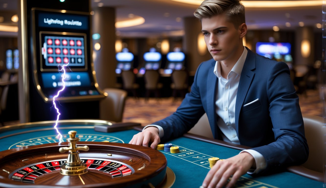 Seorang pria muda sedang bermain roulette di kasino dengan suasana elegan dan pencahayaan lembut, fokus pada meja roulette dan chip taruhan kecil.