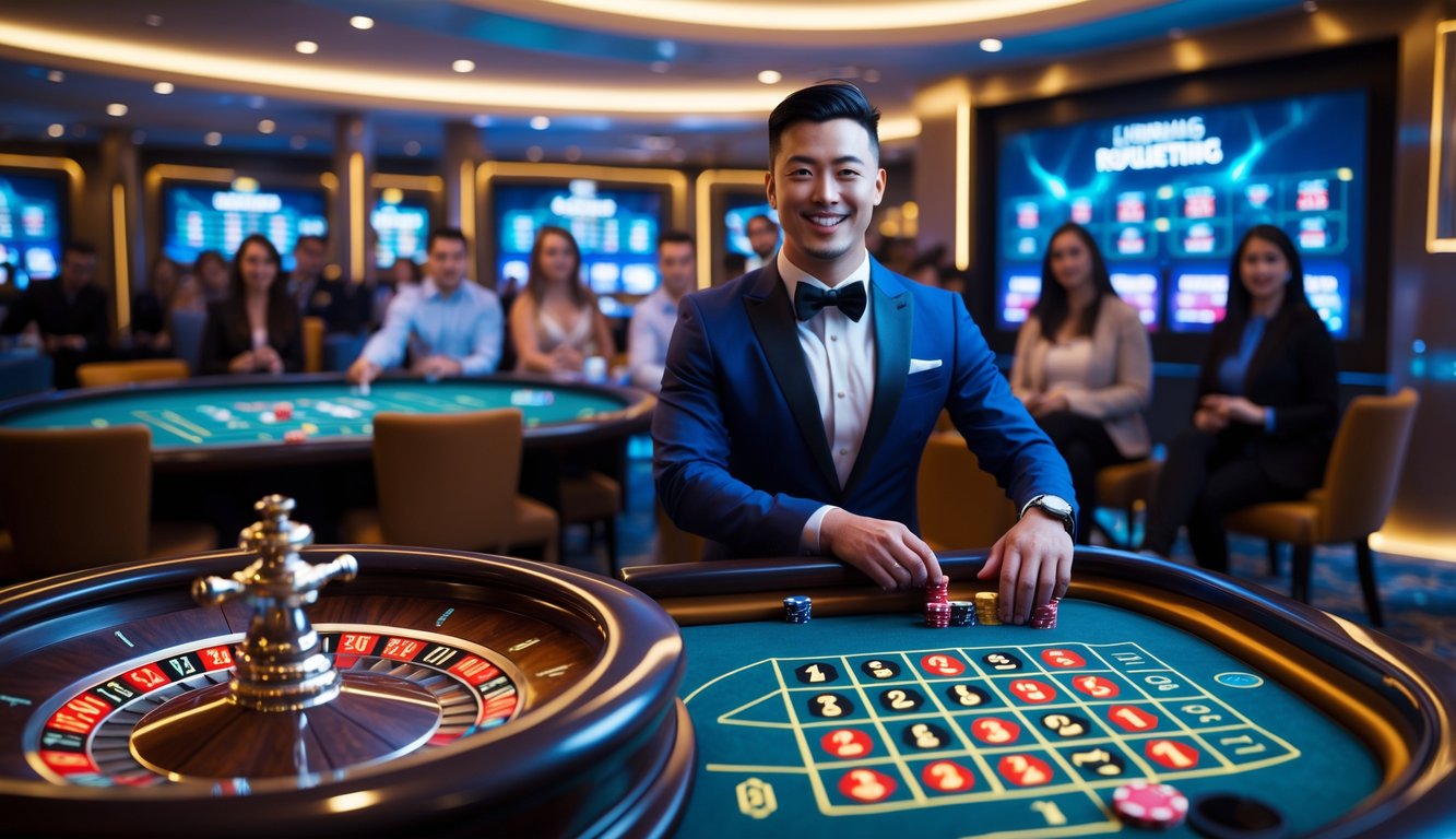 Seorang dealer langsung yang profesional sedang memandu permainan Lightning Roulette di meja roulette modern dengan efek petir, dikelilingi oleh pemain yang menggunakan perangkat mereka dalam suasana kasino mewah.