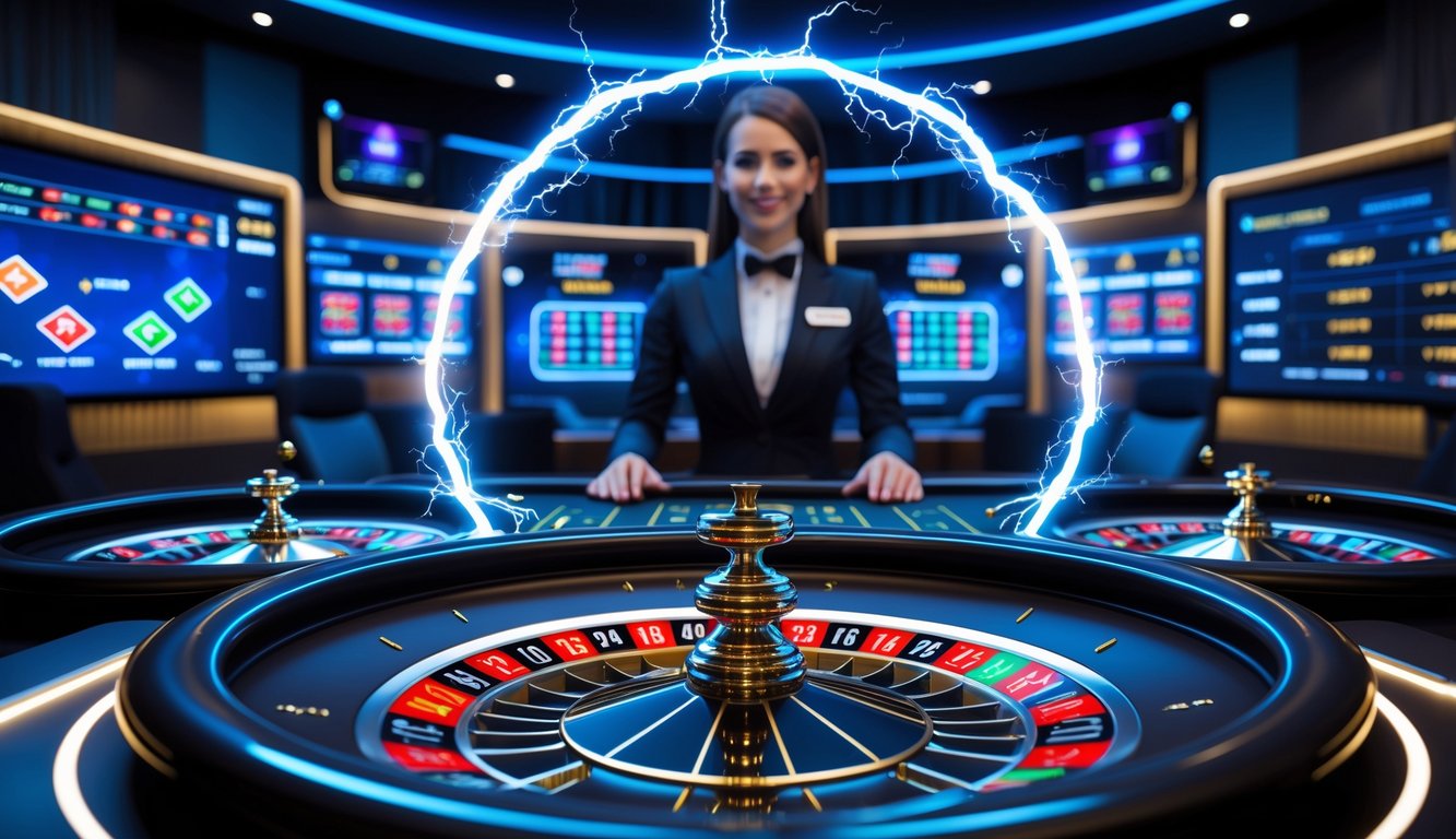 Seorang dealer profesional di depan roda roulette digital dengan efek cahaya petir, di lingkungan kasino online yang modern dan terpercaya.