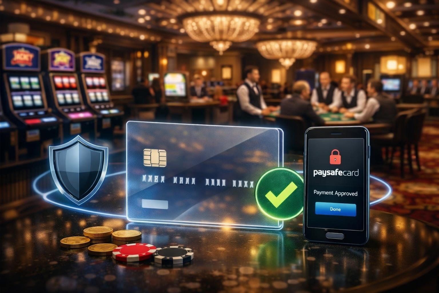 A Casino Scene Showing A Paysafecard And Digital Icons Representing Secure And Easy Payments With Slot Machines And Players In The Background.