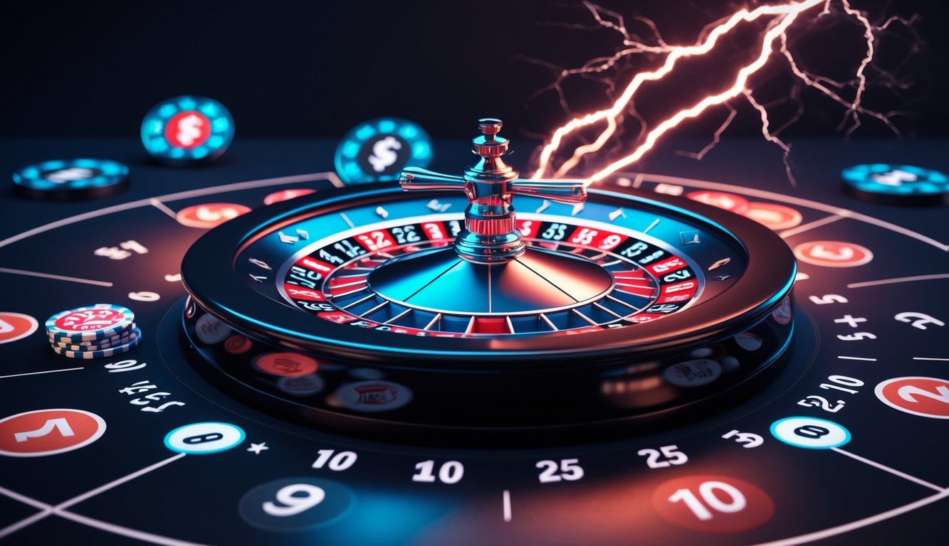 Sebuah meja roulette digital dengan efek petir dan lampu berwarna merah dan hitam, menunjukkan suasana permainan judi online dengan jackpot dan bonus harian.