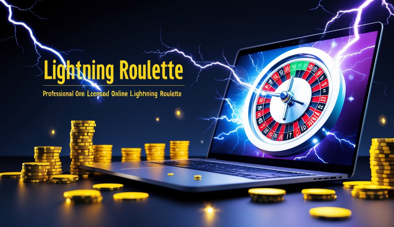 Sebuah meja dengan komputer yang menampilkan roda roulette berwarna cerah dengan efek petir, dikelilingi oleh tumpukan chip dan koin yang berkilau.