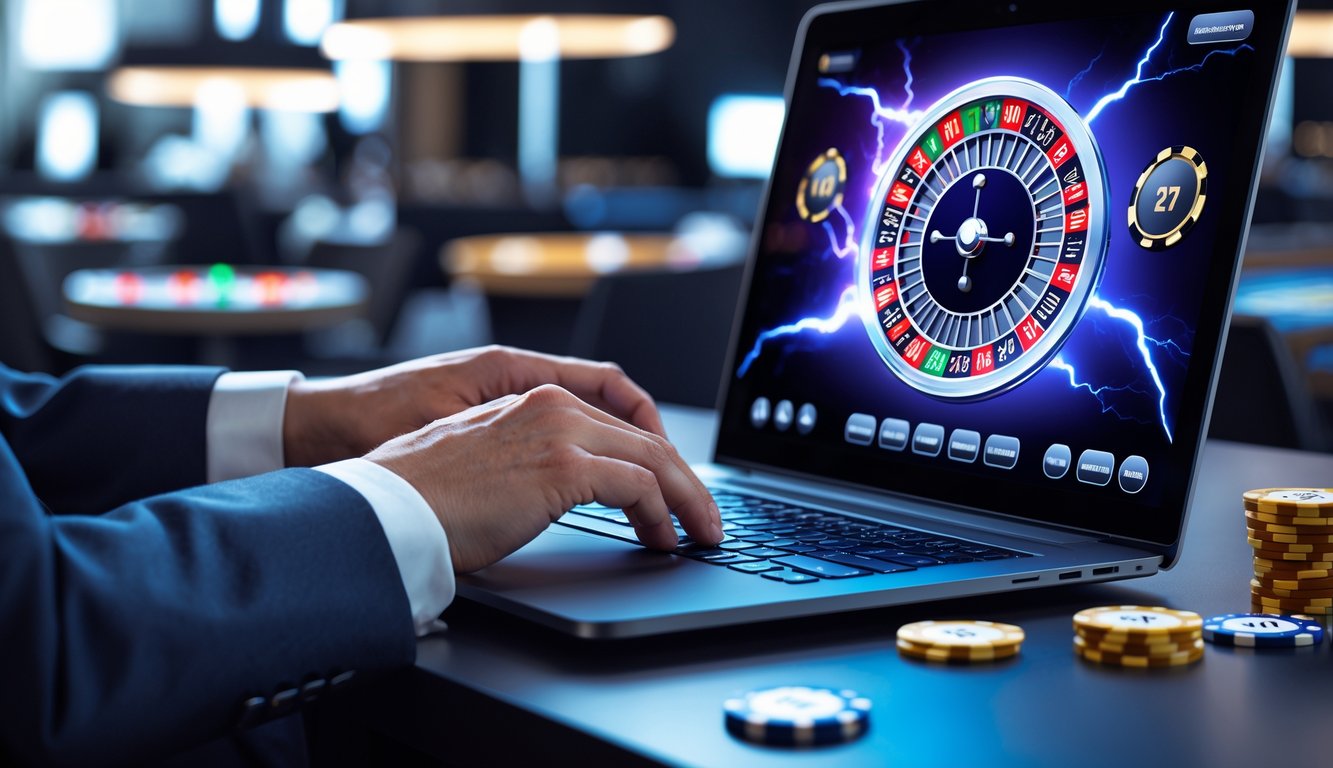 Seseorang sedang bermain roulette online dengan komputer yang menampilkan roda roulette bercahaya dan efek petir.