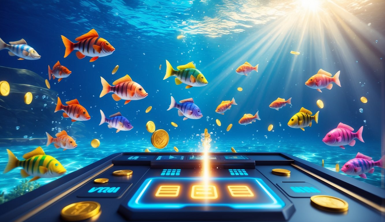 Adegan bawah laut dengan ikan warna-warni dan antarmuka permainan digital yang menunjukkan suasana permainan menembak ikan online yang seru.