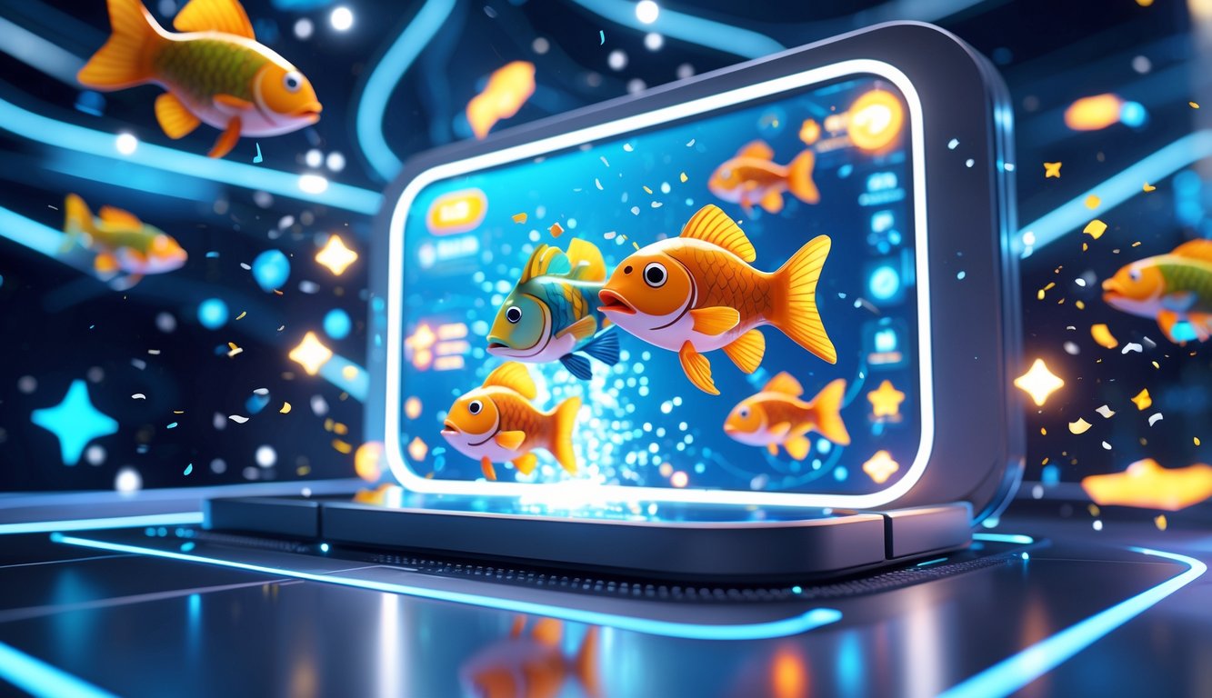 Tampilan antarmuka permainan memancing online dengan ikan berwarna-warni dan efek perayaan di latar belakang.