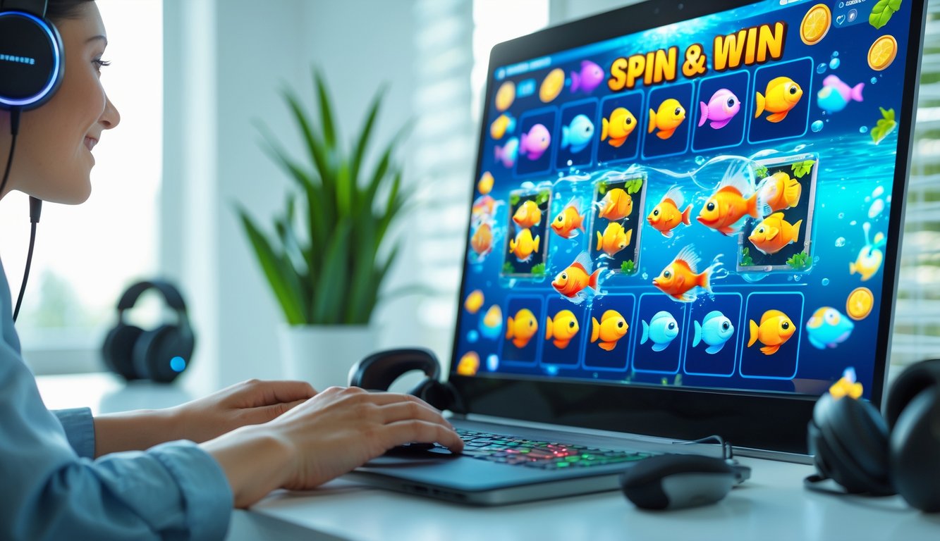 Seorang pengguna bermain permainan tembak ikan online dengan layar komputer menampilkan gambar ikan berwarna-warni dan elemen putar di lingkungan kerja yang rapi.