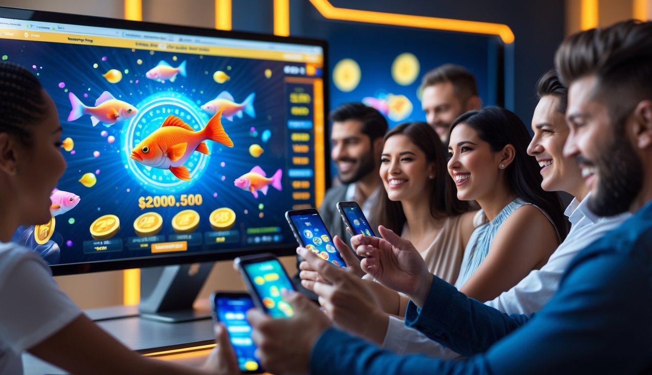Beberapa orang sedang bermain game online menembak ikan dan memutar jackpot dengan antusias di sebuah ruangan modern.