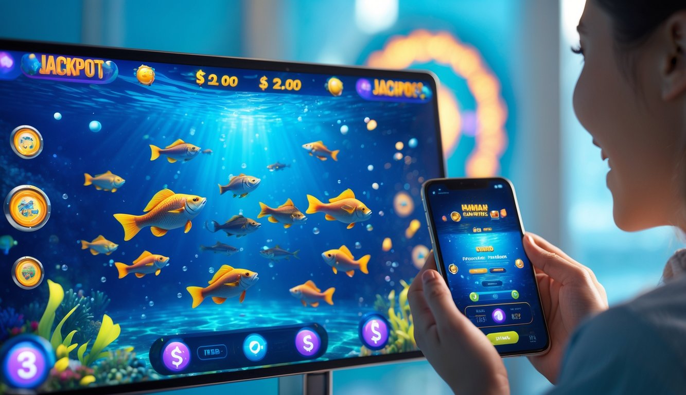Seseorang sedang bermain permainan tembak ikan online dengan layar menampilkan ikan warna-warni dan ikon jackpot di latar bawah laut.