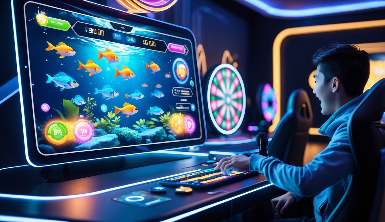 Seorang pemain profesional sedang menggunakan layar sentuh untuk bermain permainan tembak ikan dengan fitur putar di ruangan game dengan pencahayaan neon.