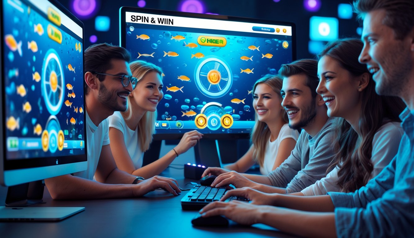 Sekelompok orang muda sedang bermain permainan tembak ikan online dengan latar layar komputer yang menampilkan grafik ikan berwarna-warni dan elemen roda putar.