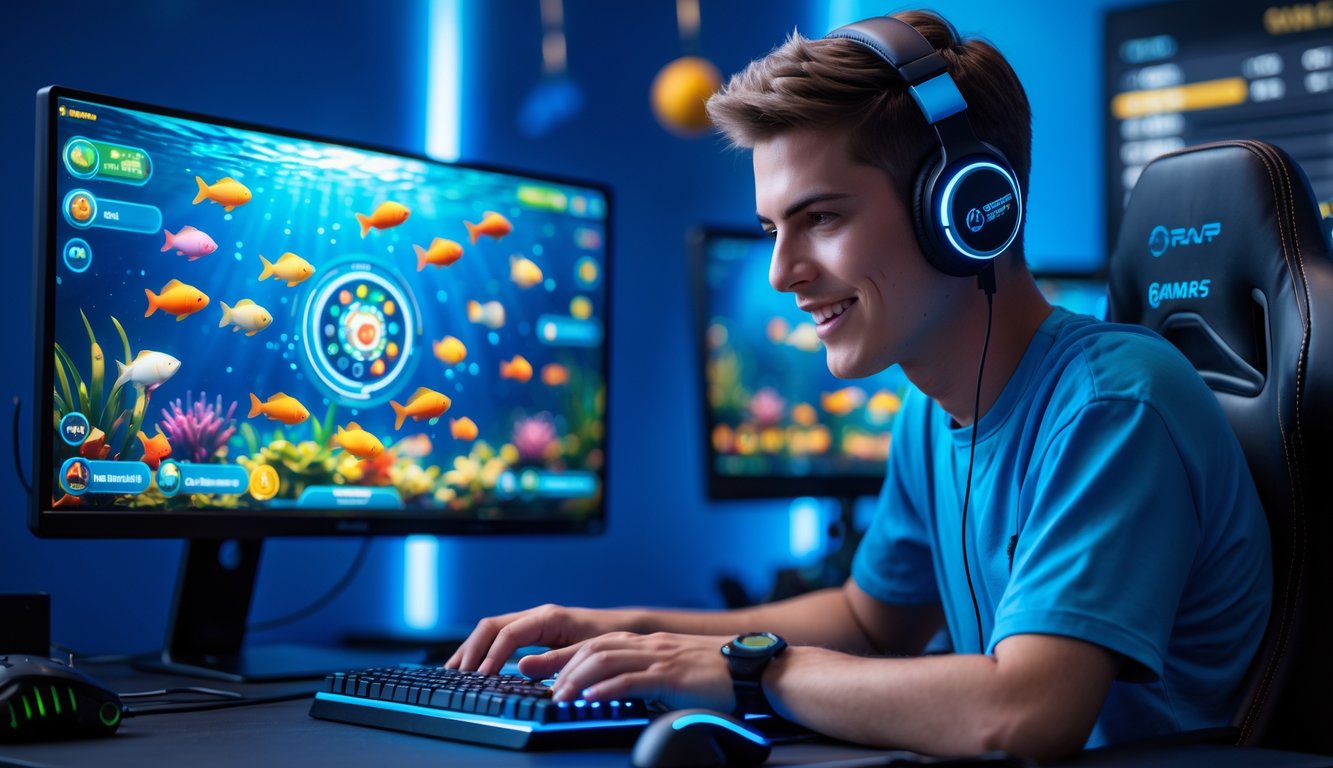 Seorang gamer muda sedang fokus bermain game tembak ikan online di komputer dengan latar belakang layar menampilkan ikan warna-warni dan roda putar.