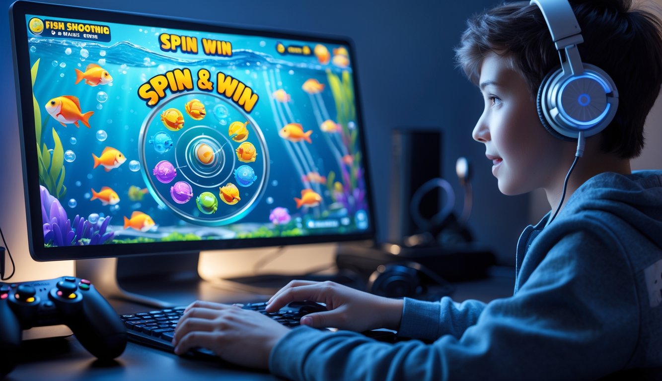 Seorang pemain muda sedang asyik bermain game tembak ikan online dengan layar komputer yang menampilkan ikan berwarna-warni dan roda putar.