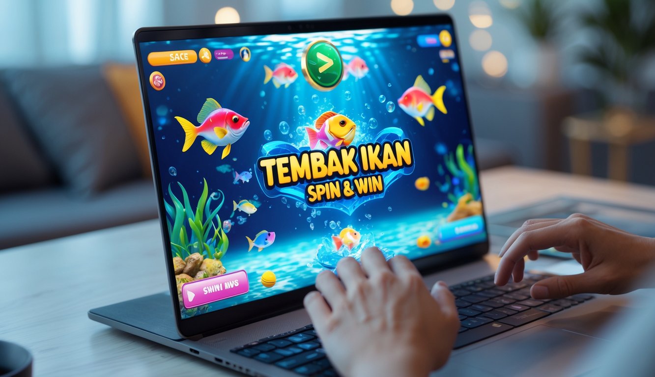 Seorang pemain sedang bermain game tembak ikan online di komputer dengan latar belakang suasana nyaman dan fokus pada layar permainan.