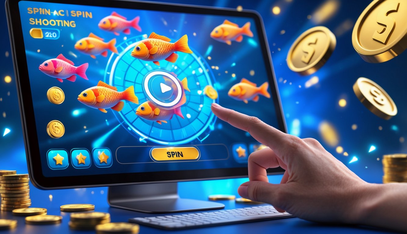 Seseorang bermain game tembak ikan online dengan layar yang menampilkan ikan warna-warni dan tombol spin otomatis.