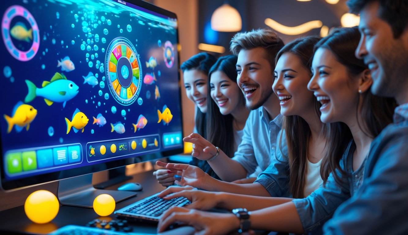 Sekelompok orang muda sedang bermain game online menembak ikan dengan fitur putar dan menang di sebuah ruangan yang nyaman.