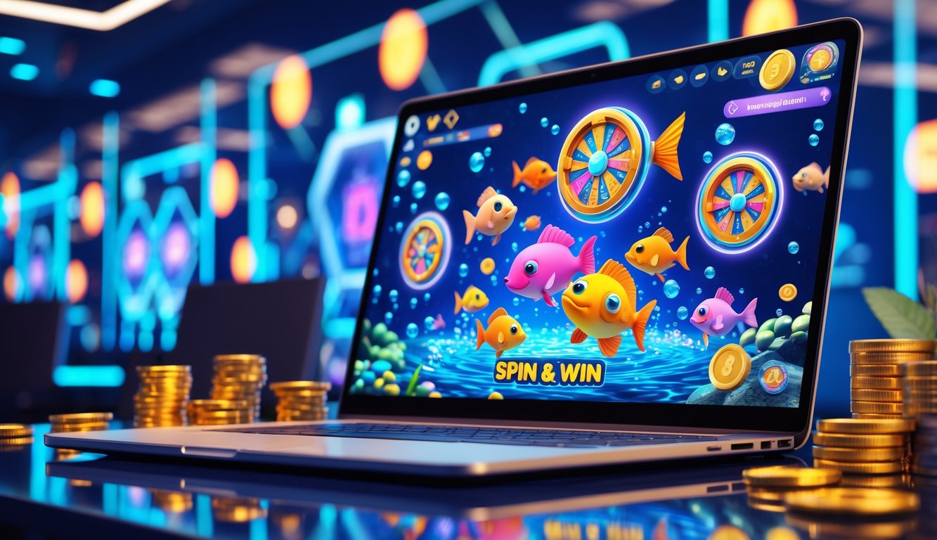 Layar komputer menampilkan permainan tembak ikan dengan grafis warna-warni dan elemen spin & win, di atas meja kerja modern.