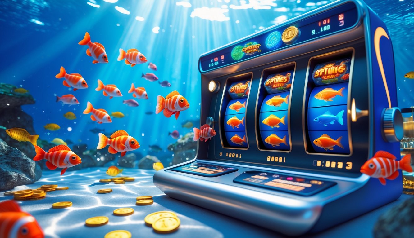Latar bawah laut dengan ikan berwarna-warni berenang di sekitar mesin slot modern yang menampilkan simbol ikan dan laut.