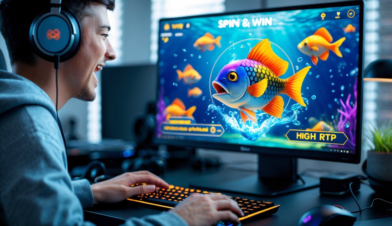 Seorang pemain sedang bermain game menembak ikan online dengan layar komputer yang menampilkan grafik ikan berwarna-warni dan elemen permainan yang menarik.
