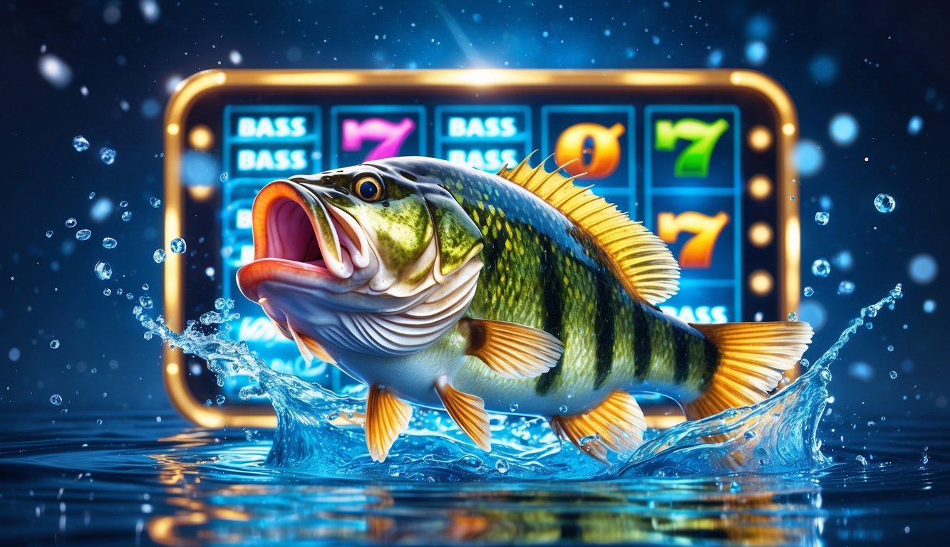 Ikan bass besar melompat dan menyemburkan air di atas permukaan air jernih dengan latar belakang mesin slot digital yang menyala.