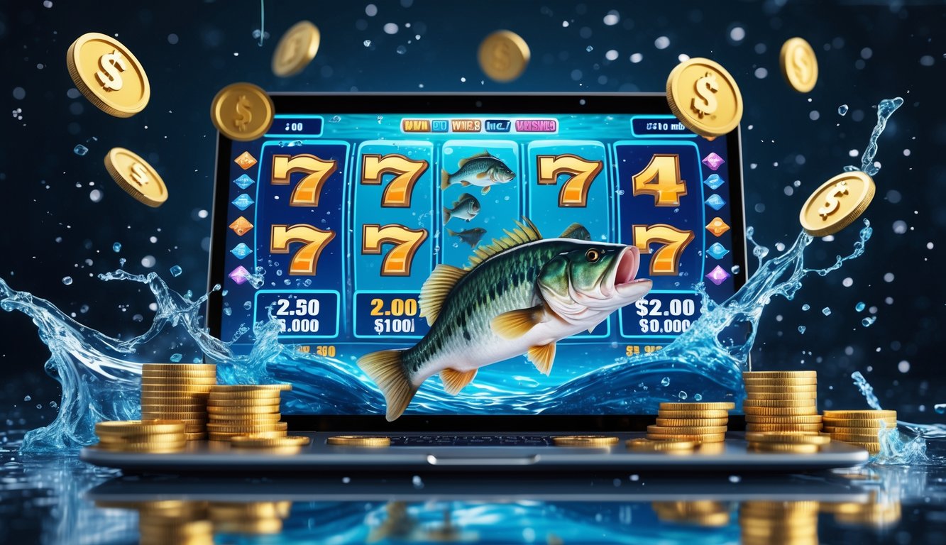 Layar mesin slot digital dengan tema memancing ikan bass besar, air yang memercik, koin emas, dan simbol jackpot yang bersinar.