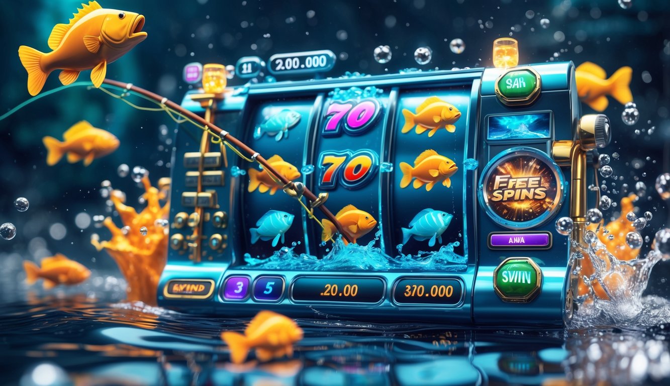 Tampilan mesin slot online dengan tema memancing ikan bass besar dan efek air yang cerah.