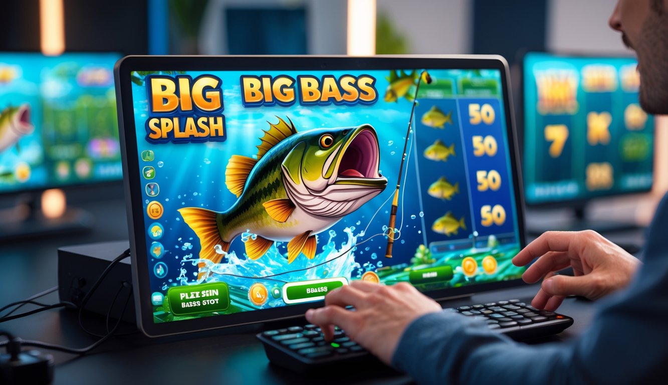 Seorang pemain sedang menggunakan perangkat dengan tampilan permainan slot ikan besar dan air yang cerah di layar komputer.