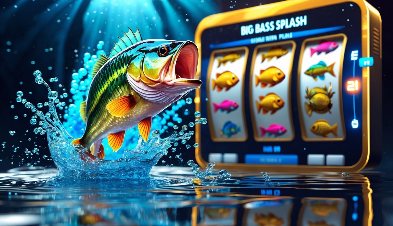 Ikan bass besar melompat dari air dengan cipratan air di latar belakang suasana permainan slot online bertema memancing.