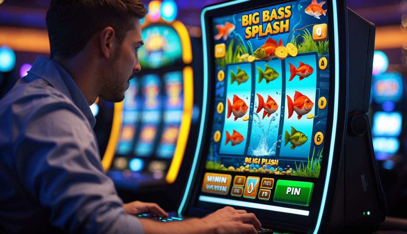 Seorang pemain fokus menggunakan perangkat modern untuk bermain slot online dengan tema ikan bass besar dan suasana kasino yang cerah.