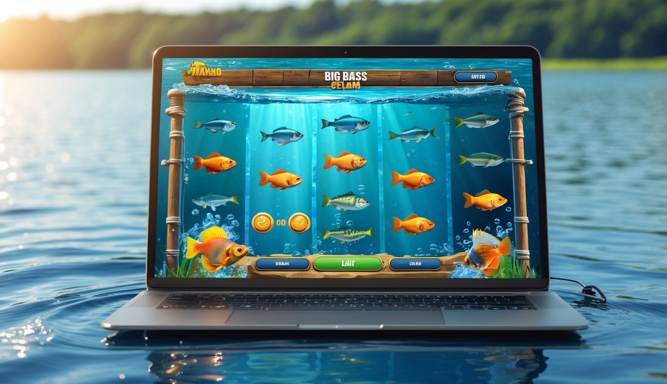 Layar perangkat menampilkan permainan slot bertema memancing dengan latar belakang air dan ikan-ikan di bawah permukaan.