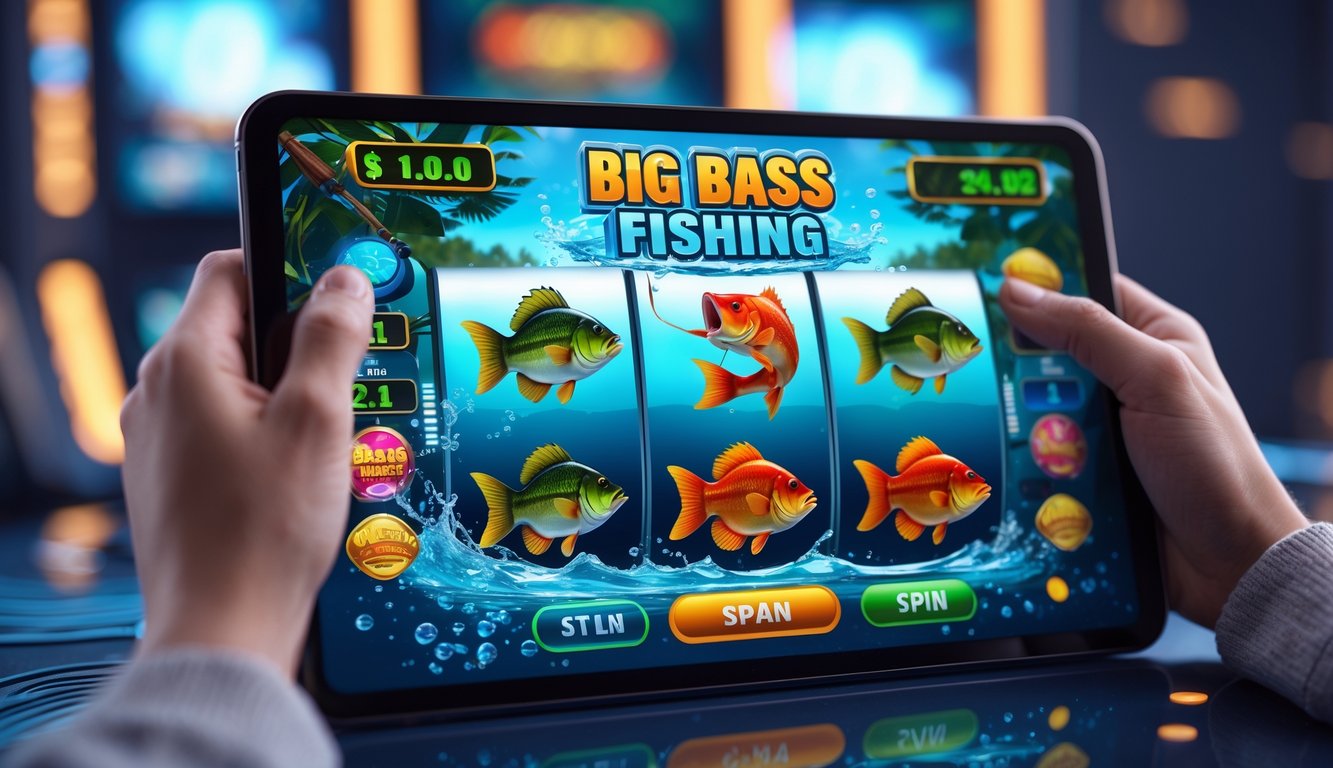 Layar permainan slot online dengan tema memancing ikan bass besar dan simbol warna-warni, menampilkan suasana permainan yang seru dan penuh semangat.