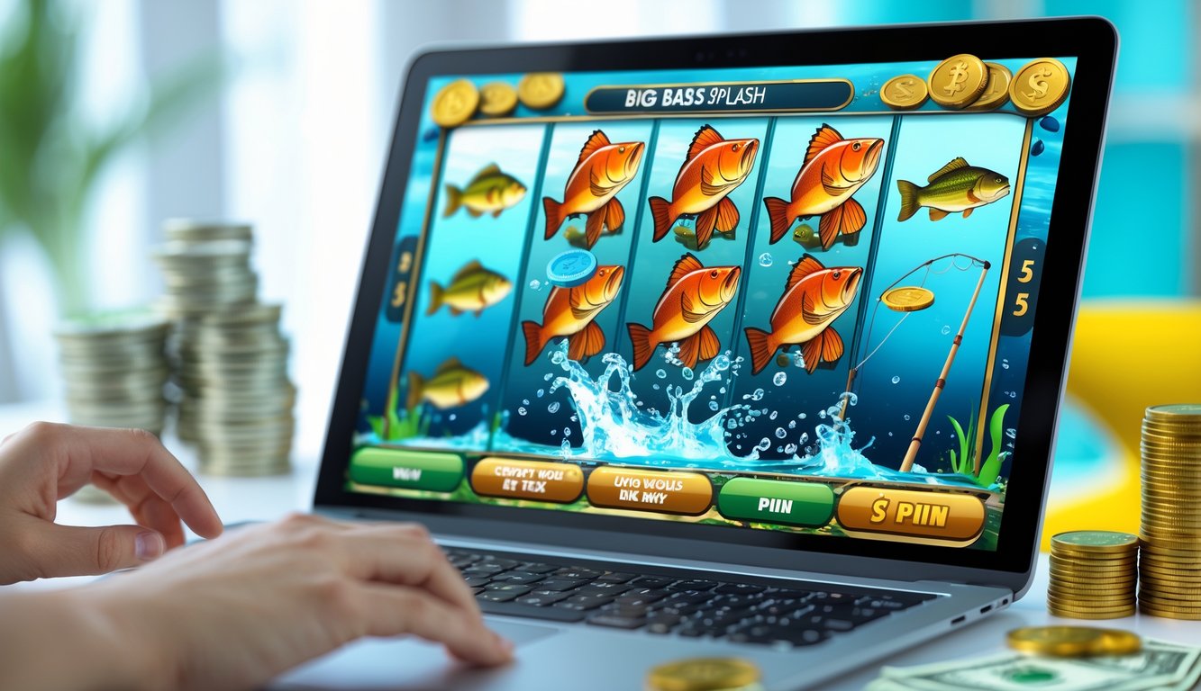 Seseorang bermain permainan slot online bertema ikan bass besar dengan layar perangkat yang menampilkan simbol ikan, air, dan koin.